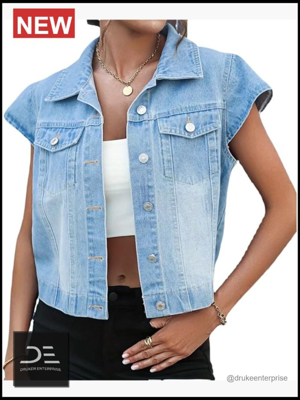 Vintage Denim Vest Button Down Short Sleeve Jean Waistcoat Jacket
